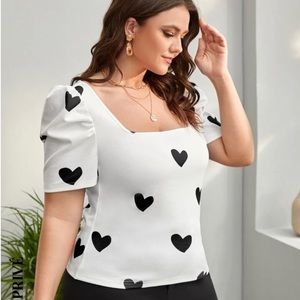 Shein Curve Casual white top with black hearts square neck short sleeves 2X